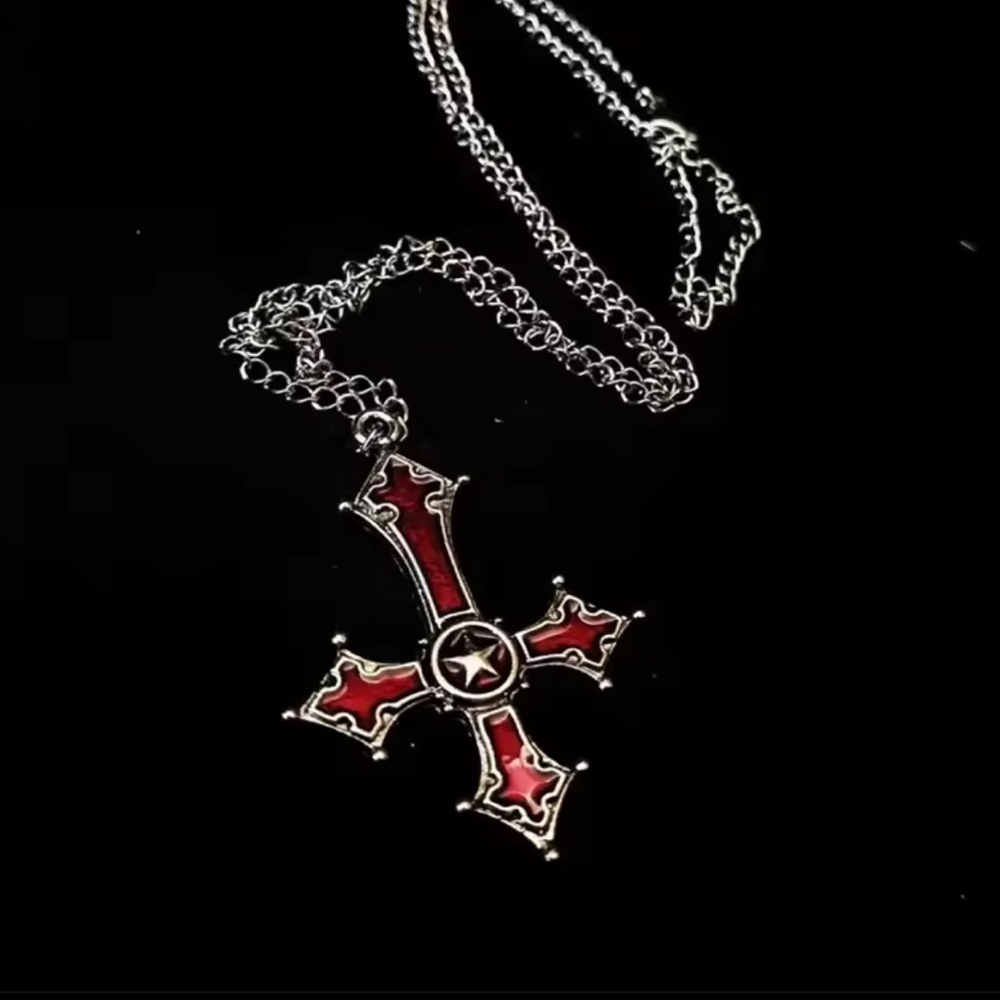 Halloween gothic Red crimson and Silver Cross Pendant Necklace Vintage gothic